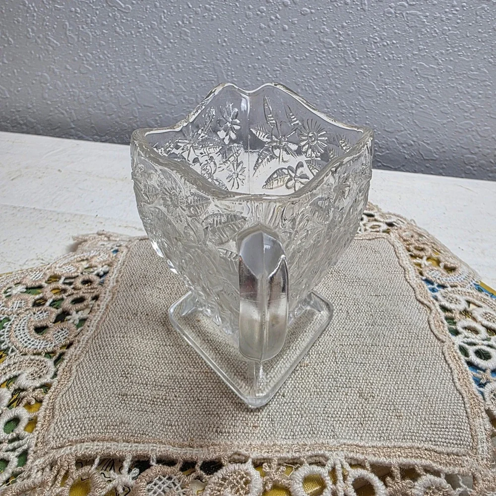 Vintage Indiana Glass Pineapple & Floral Creamer and Sugar Bowl Set Diamond Base